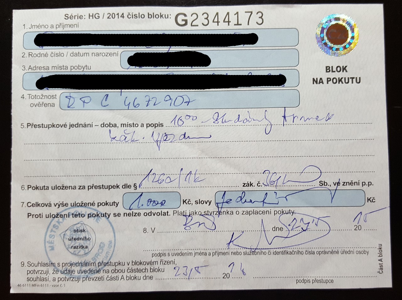 Czech traffic ticket receipt